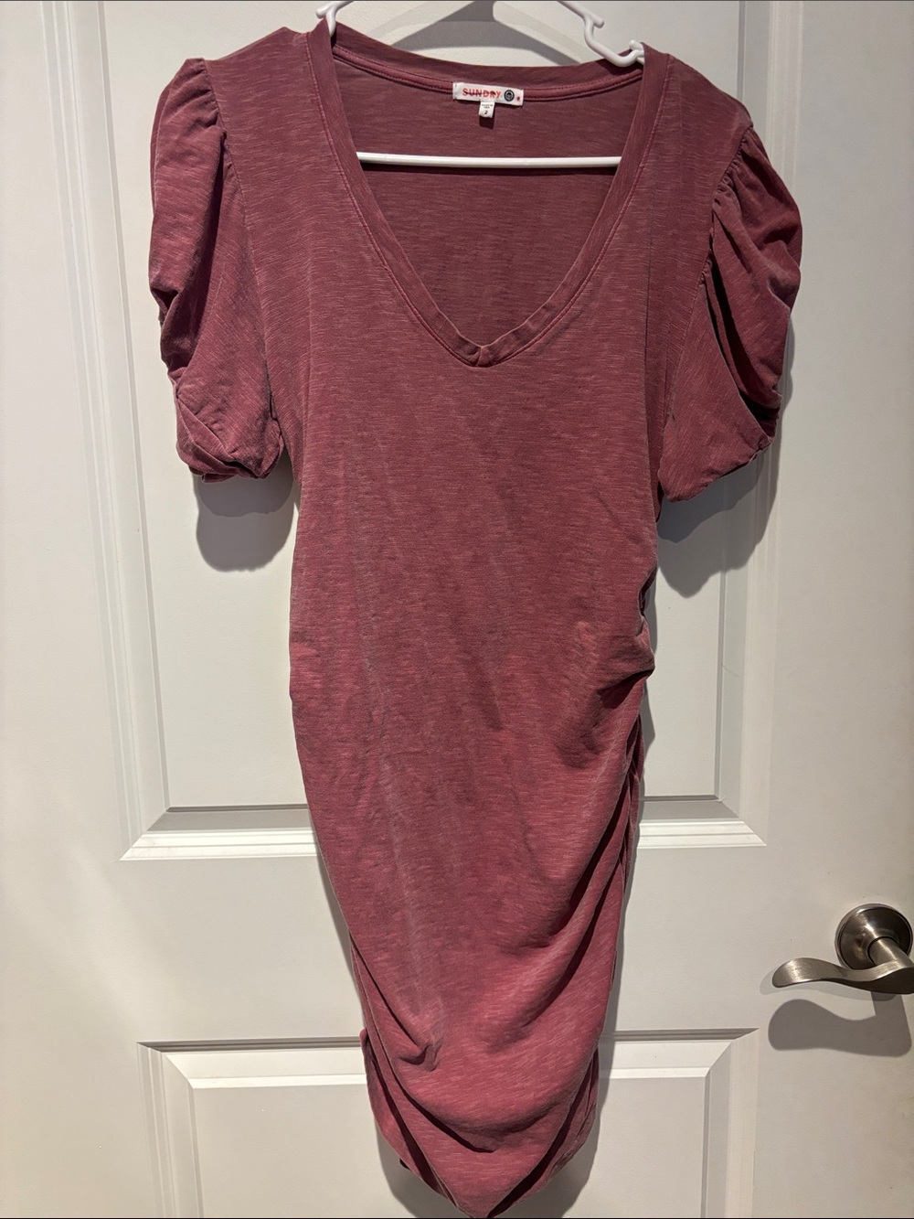Sundry Dusty Rose Puff Sleeve V‑Neck Dress XS/2